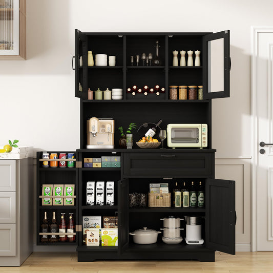 Shintenchi Kitchen Pantry Storage Cabinet, Freestanding Buffet Cabinet with Microwave Stand & 3 Door Shelves, Kitchen Hutch with Doors, Adjustable Shelves and Wine Rack, Black