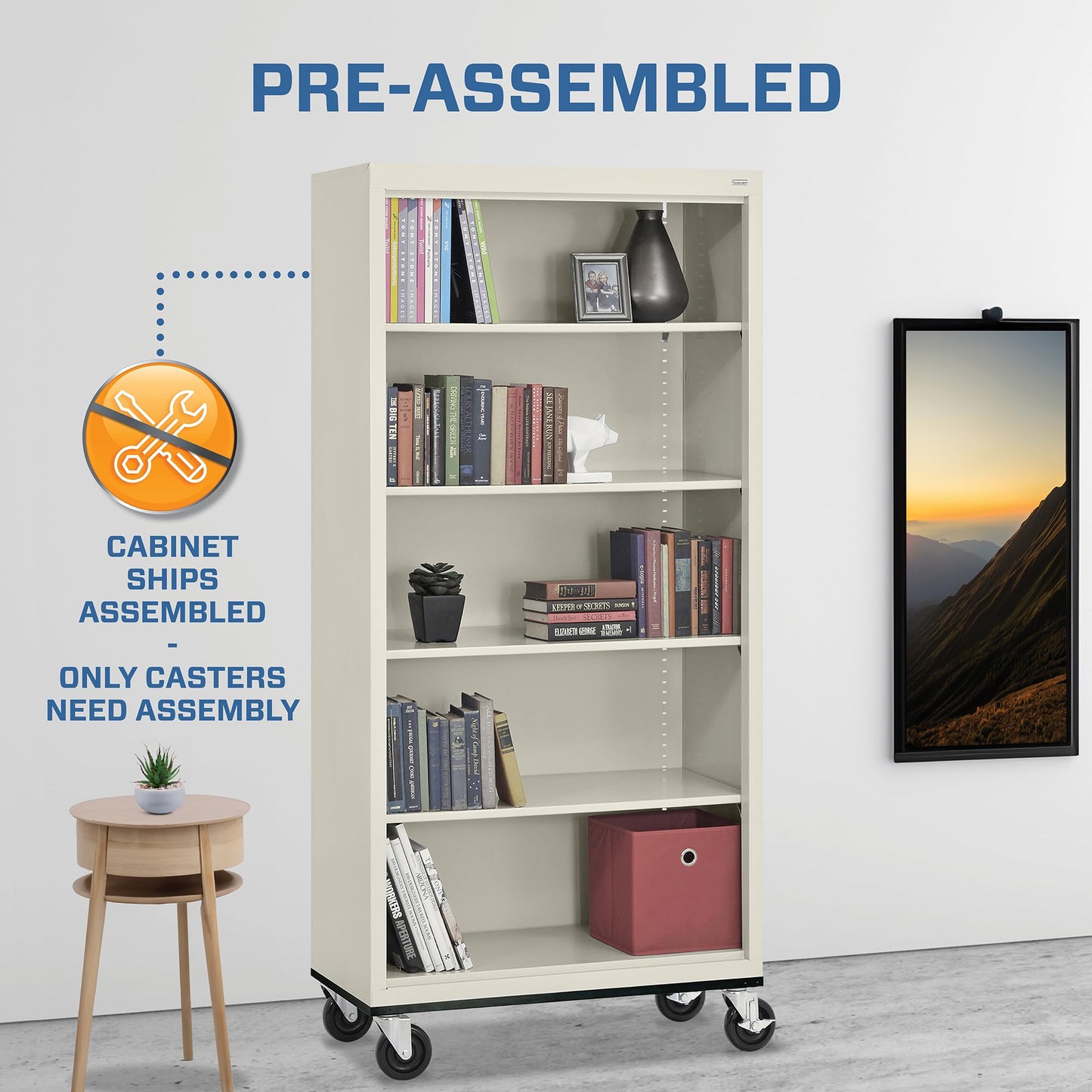Sandusky Lee BM40361872-07 Mobile Bookcase with 4 Adjustable Shelves, Steel Rolling Bookshelf Storage Cabinet, 78"H, Putty