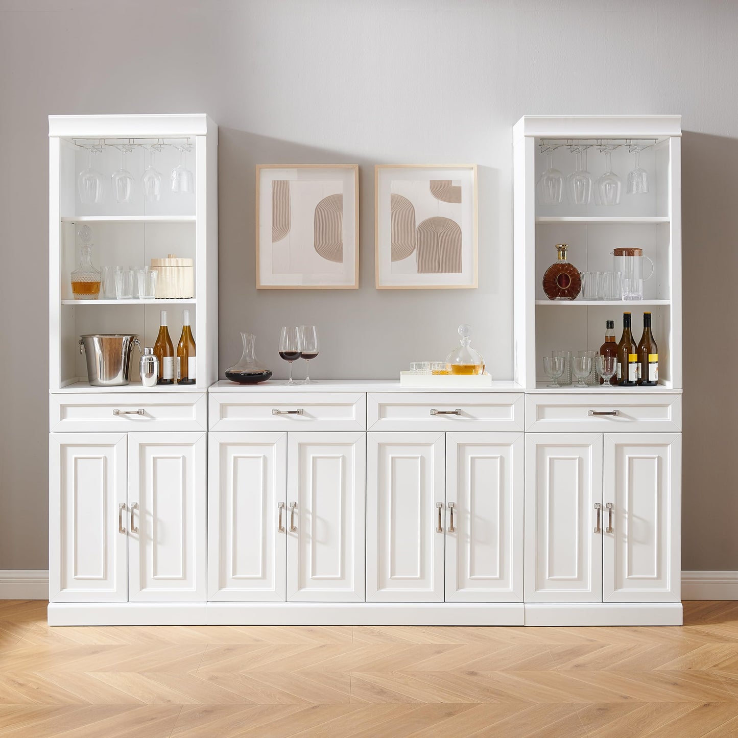 Crosley Furniture Stanton 2-Piece Wine, Liquor, Coffee Bar Cabinet Set with Sideboard and Storage Shelves, White