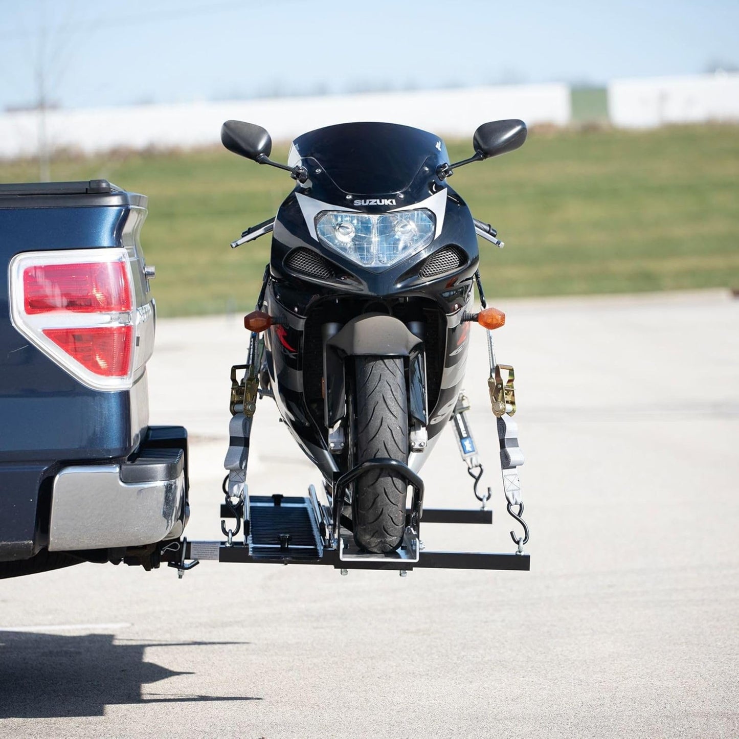 Black Widow Hitch Mounted Motorcycle Carrier with Ramp, Heavy Duty Steel Frame & Aluminum Track, 600 Pound Capacity, 72 Inch Ramp, Black