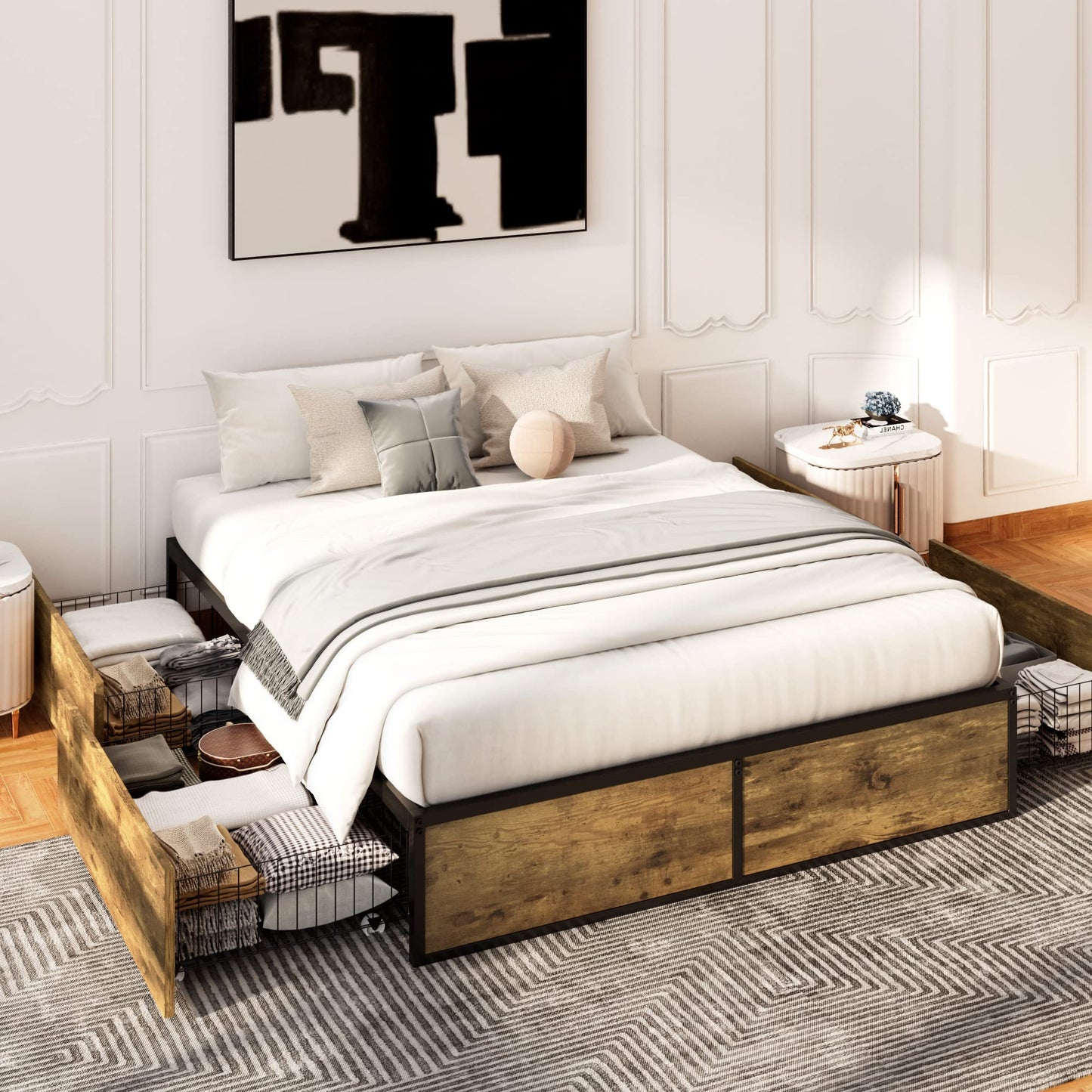 Allewie Industrial Storage Bed with Drawers, Wooden Metal Platform, Sturdy & Noise-Free, Modern Full Size for Bedroom & Apartment