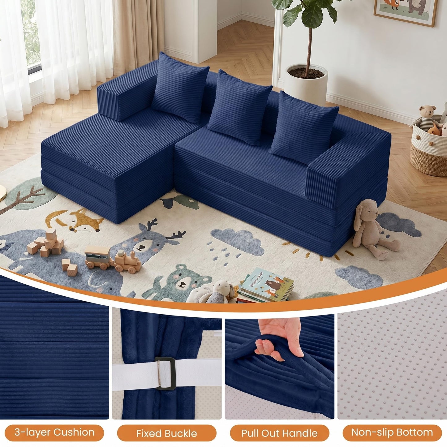 65" Modular Sectional Sofa, Boneless Convertible Sleeper Sofa Bed, Modern Tri-Folding Cloud Couch with L-Shape Chaise, Corduroy Futon Couches for Living Room Small Spaces Apartment,No Assembly,Blue