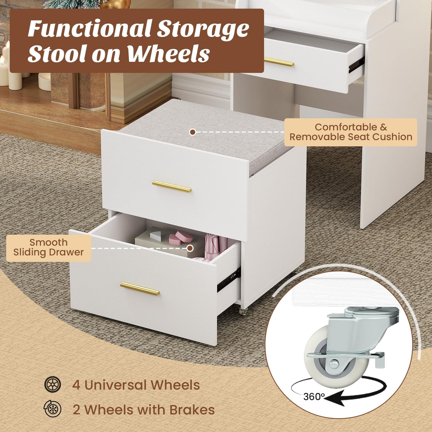 CHARMAID 3-in-1 Vanity Desk with Flip Top Mirror, Storage Stool on Wheels, Compact Makeup Vanity Table with Charging Station, Fluted Cabinet & Drawers, Tall Nightstand for Bedroom & Apartment, White