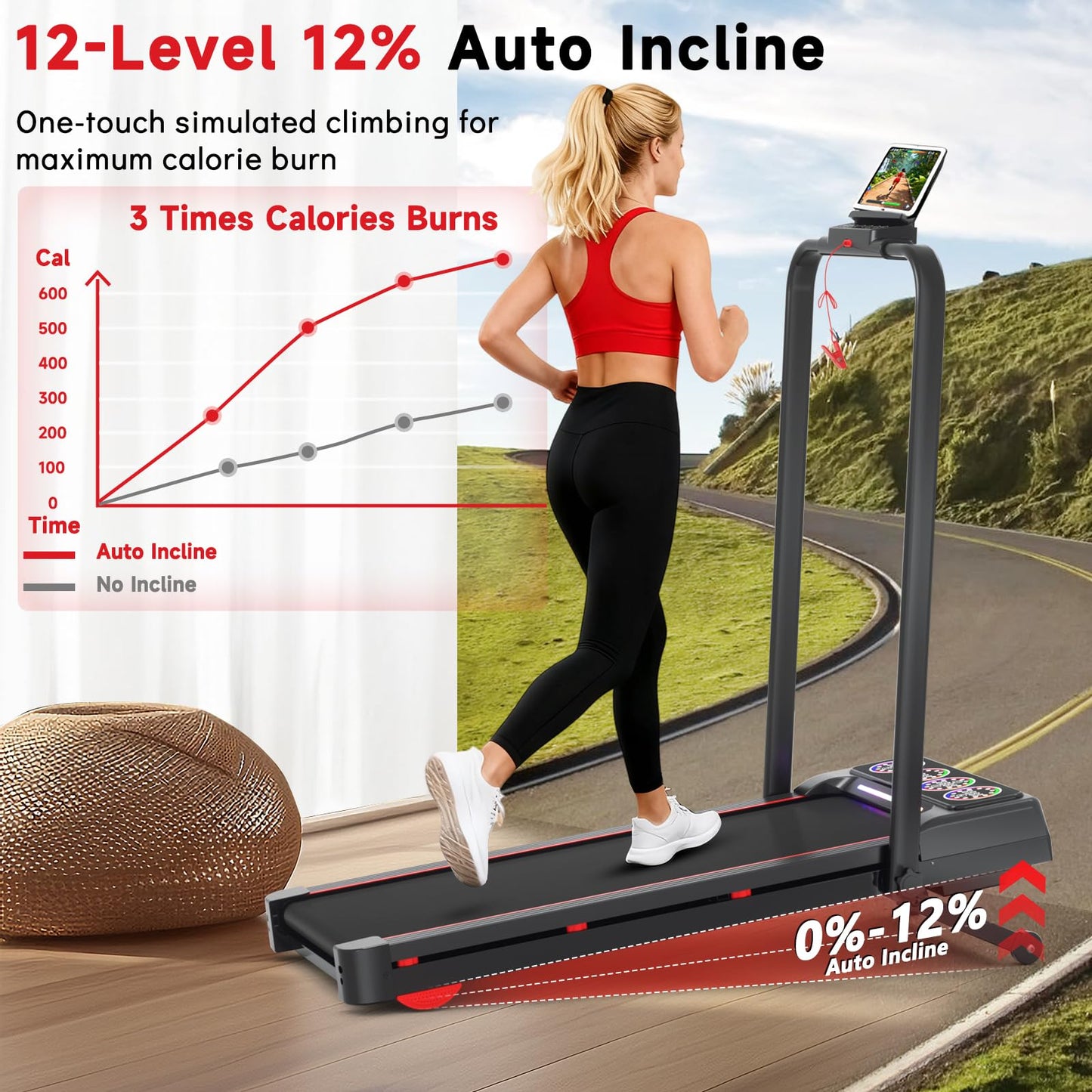 Joxir Walking Pad Treadmill with 12% 12-Level Auto Incline and Handle Bar, 7.5MPH 450 lbs Capacity Under Desk Treadmills for Home, Portable Treadmill with Incline, Remote Control, RGB LED Screen