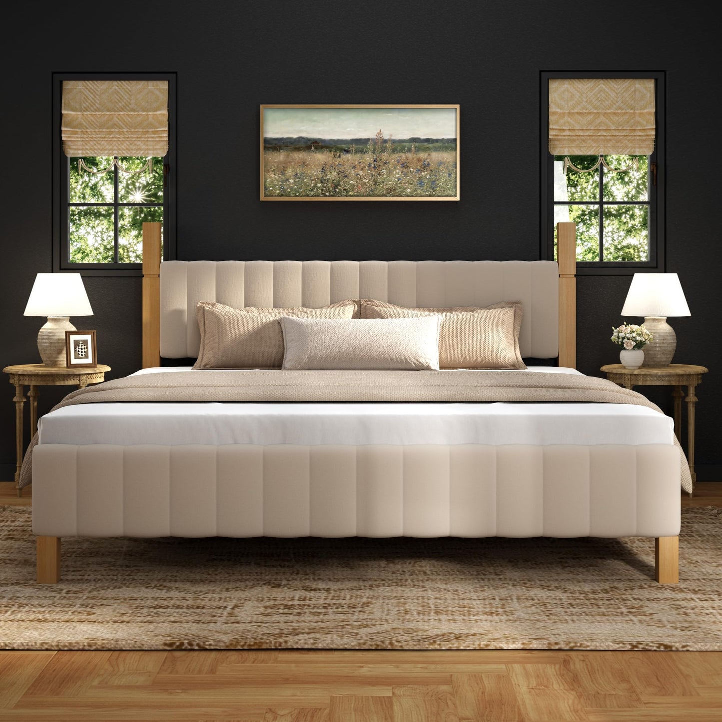 Yechen California King Bed Frame, Solid Wood Bed Frame CA-King Size with Upholstered Headboard, Platform Bedframe Noise Free, No Box Spring Needed, Beige Linen