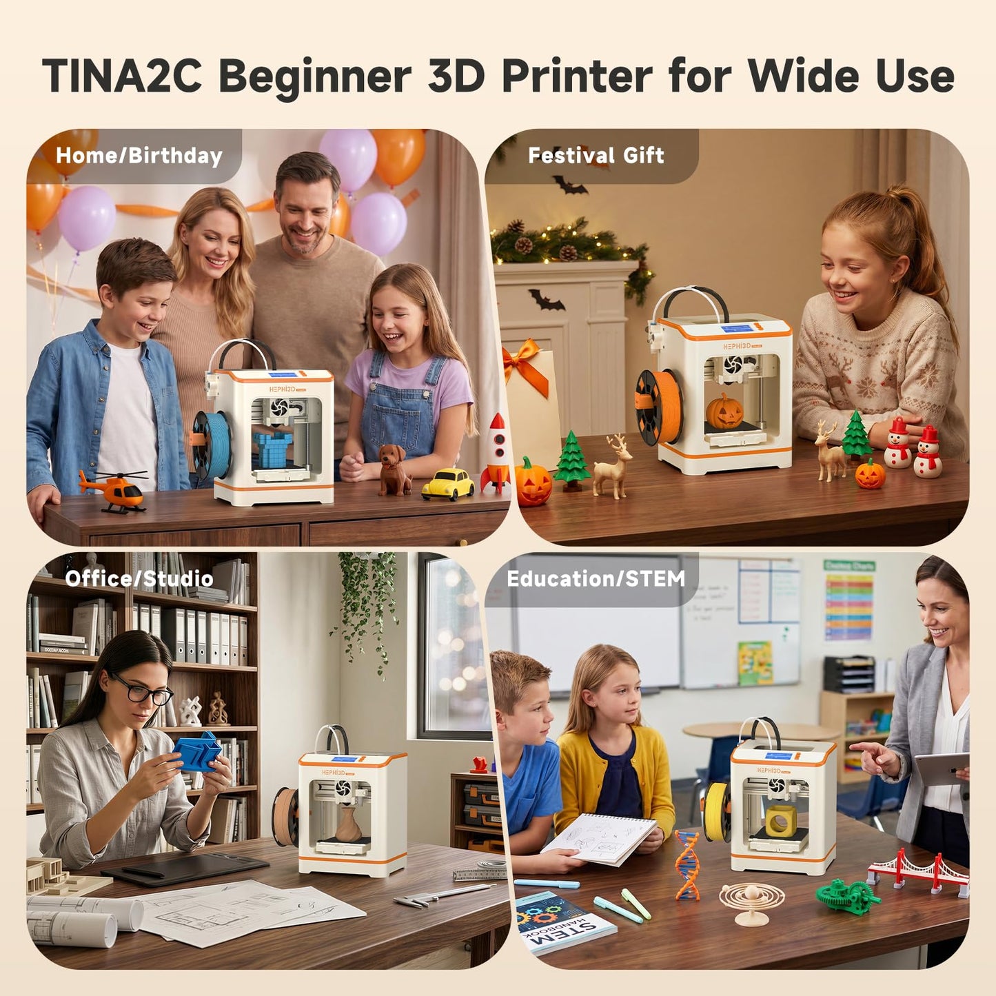 HEPHi3D TINA2C 3D Printer with WiFi Cloud Print, Fully Assembled Mini 3D Printer for Beginners and Kids, Auto Leveling, 3000+ Models APP Control 3D Printers Fully Open Source for Home, School, Office