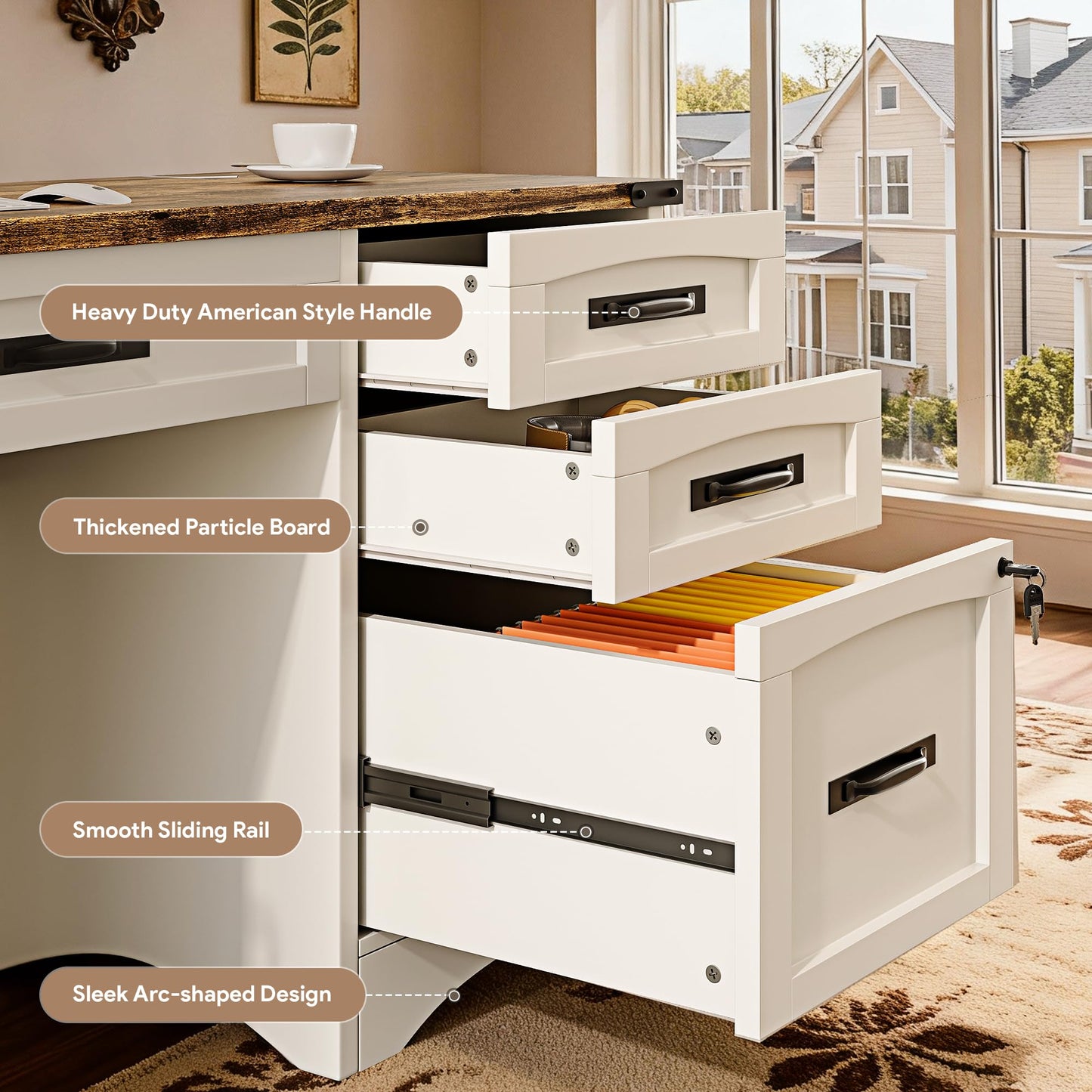 Decofy Farmhouse Executive Desk with Drawers, 55" Home Office Desks with Fast Charging Station, Lockable File Cabinet, Wood Writing Computer Desk for Work, Study, White