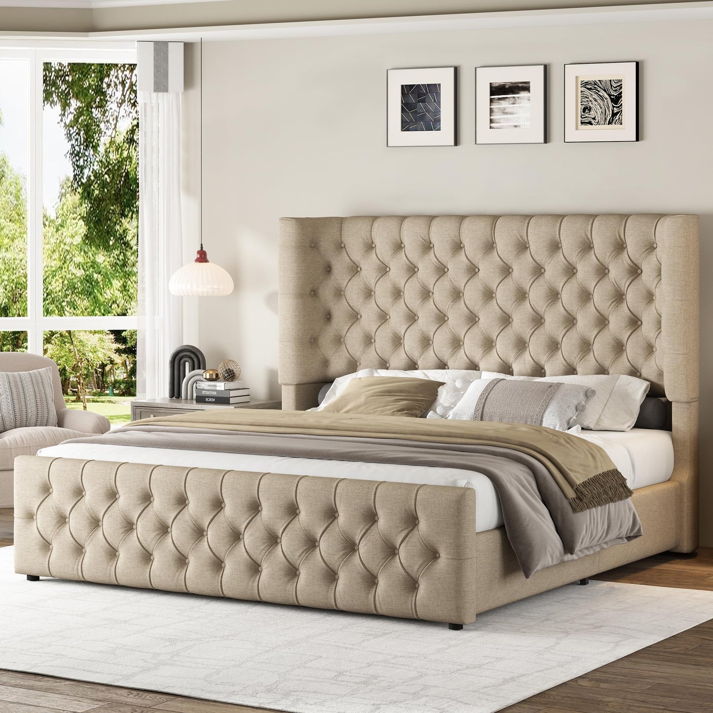 Jocisland Queen Size Upholstered Bed Frame with 6.3-Inch Curved Wingback Headboard, Tufted Footboard, Wood Slats, No Box Spring Needed, Khaki Linen