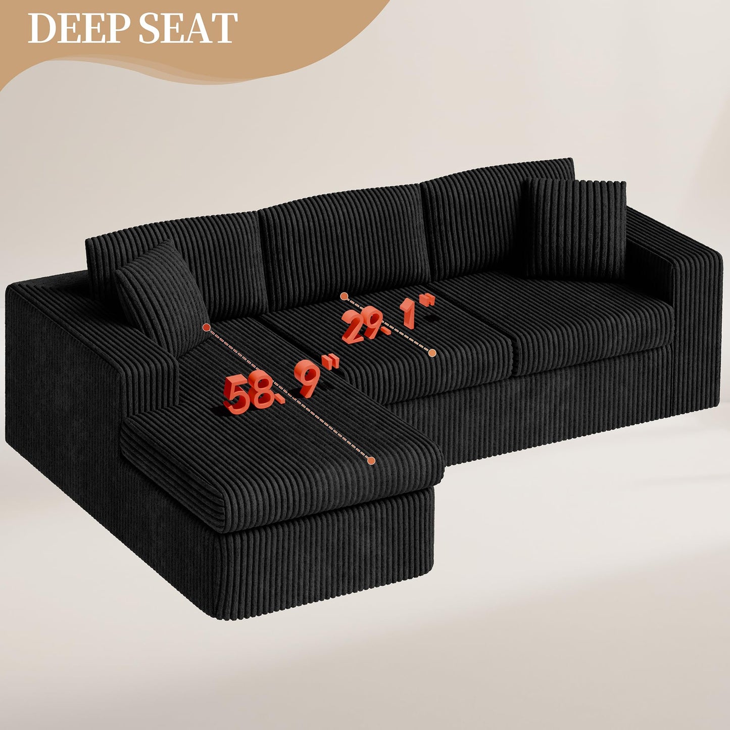 Vongrasig 105" Boneless Couches for Living Room, Sectional Couches Modular Sofa with L-Shaped Chaise, Memory Foam Comfy Cloud Couch with Plush Corduroy Fabric, No Assembly Required, Black