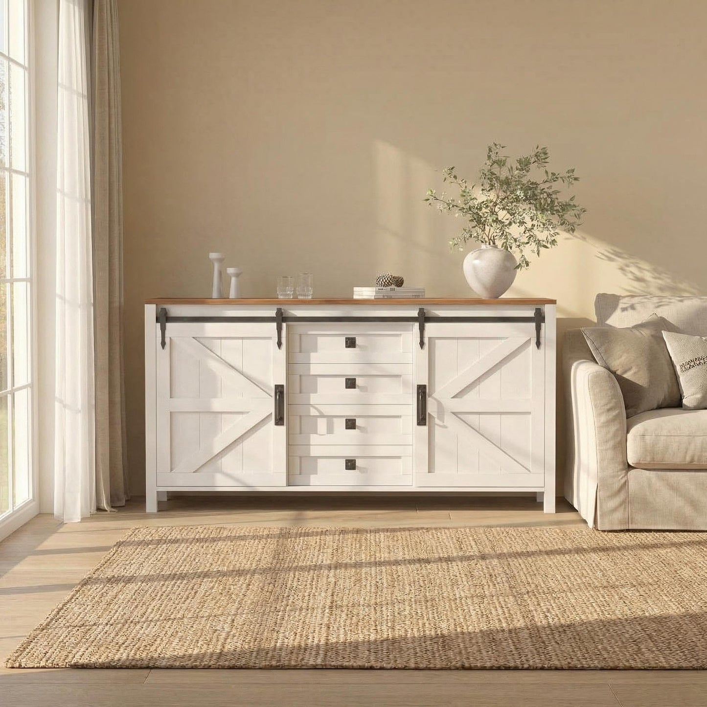 IDEALHOUSE 60" Farmhouse Sideboard Buffet with Storage Drawer & Sliding Barn Doors | Rustic Wood Coffee Bar Cabinet | Multi-Functional for Dining Room Kitchen, As TV Stand & Console Table