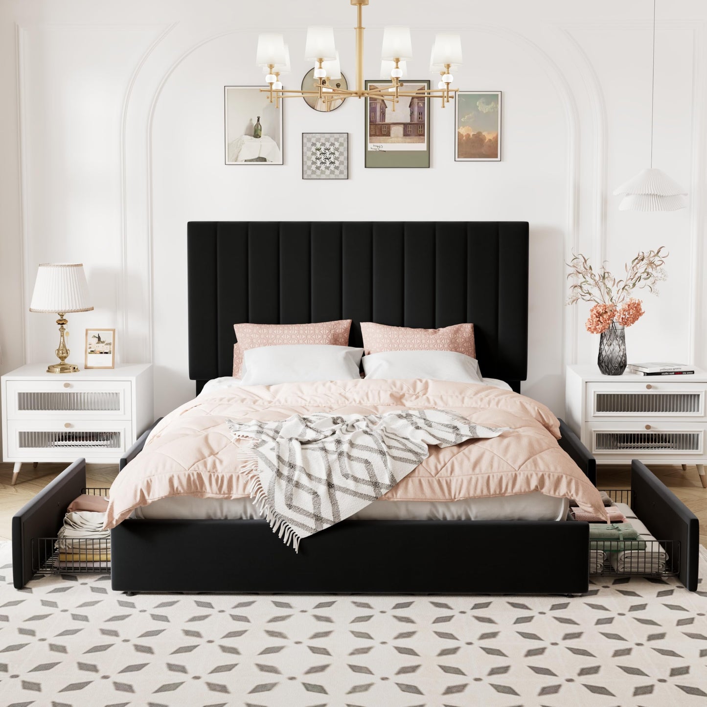 Allewie Queen Size Storage Bed Frame, Vertical Channel Tufted Adjustable Headboard, Velvet Upholstered Platform Bed with 4 Oversized Underbed Drawers, Wooden Slats Support, No Box Spring Needed, Black