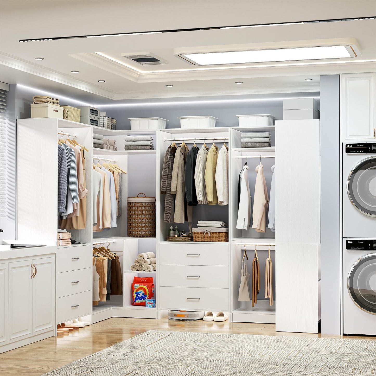 Aheaplus Closet System with 6 Drawers, 6 Hanging Rods & Corner Tower, Corner Closet System with Hanging, 112.5" U-Shaped Walk-In Wardrobe Organizer, 2000+ lbs Capacity, Set of 4, -U4, White