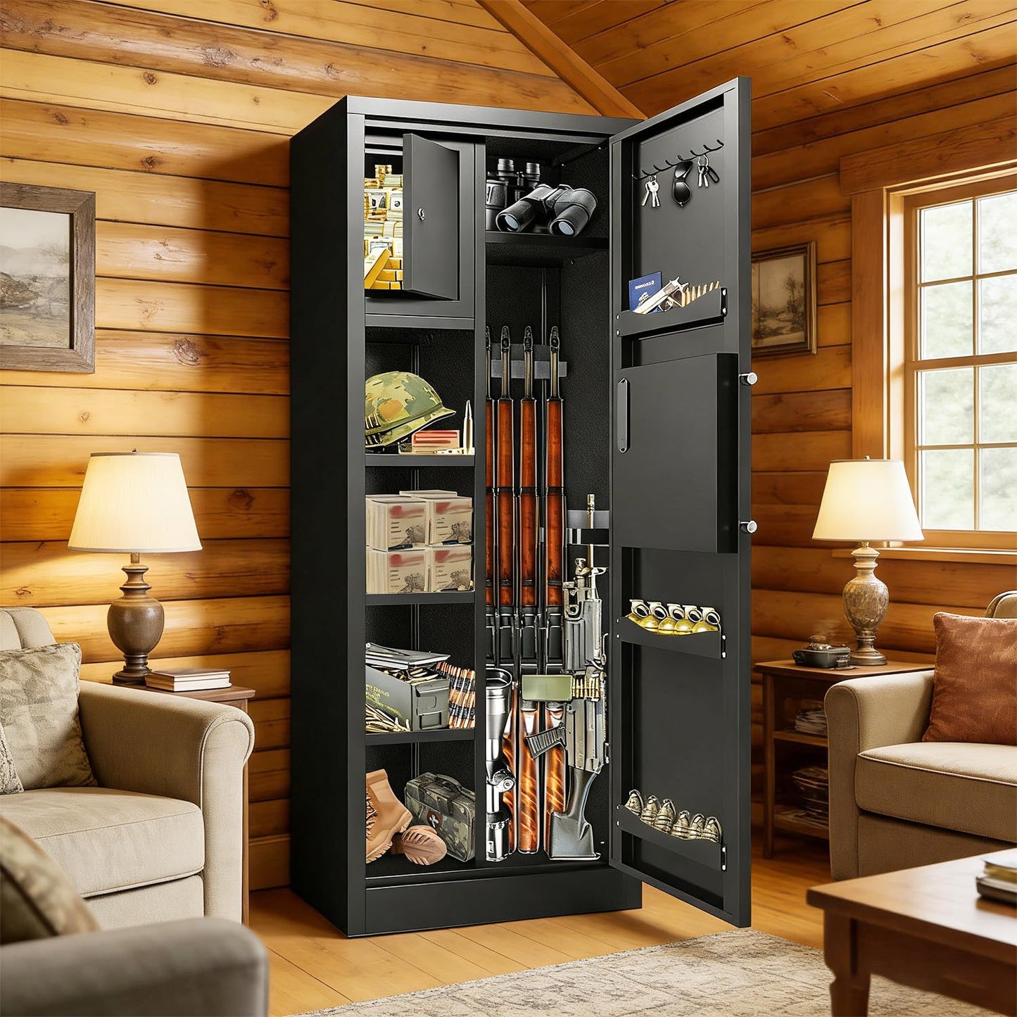 Biometric Gun Safe Rifle, Gun Safes for Rifles and Pistols, 10-15 Gun Cabinet with Pistol Storage and Adjustable Racks, Fingerprint Gun Cabinet for Home Accessories Storage with Removable Gun Racks