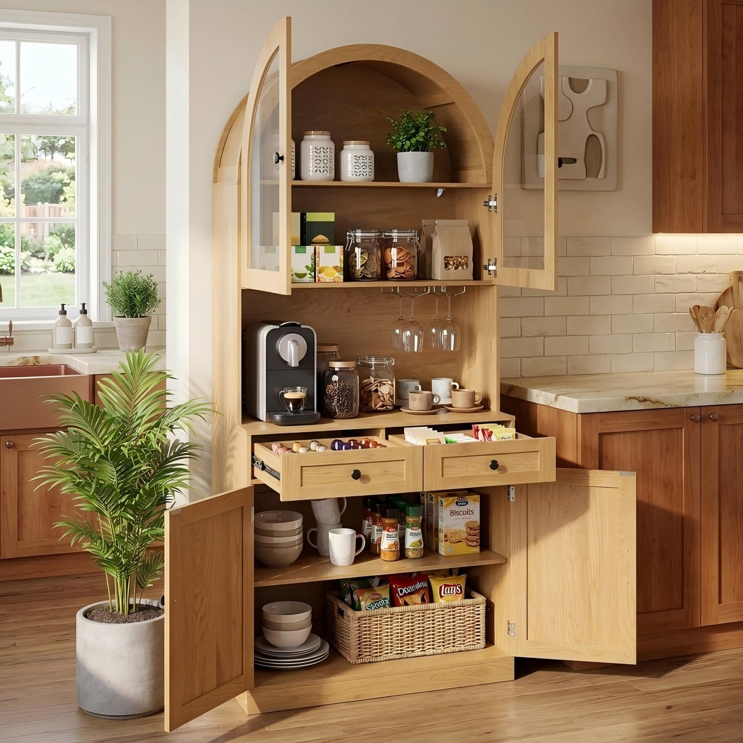 KEIKI 75 Inch Farmhouse Pantry Cabinet with Charging Station, Tall Arched Coffee Bar Cabinet with Adjustable Shelves & Drawer, Freestanding Storage Sideboard for Kitchen Dining Room Living Room, Oak