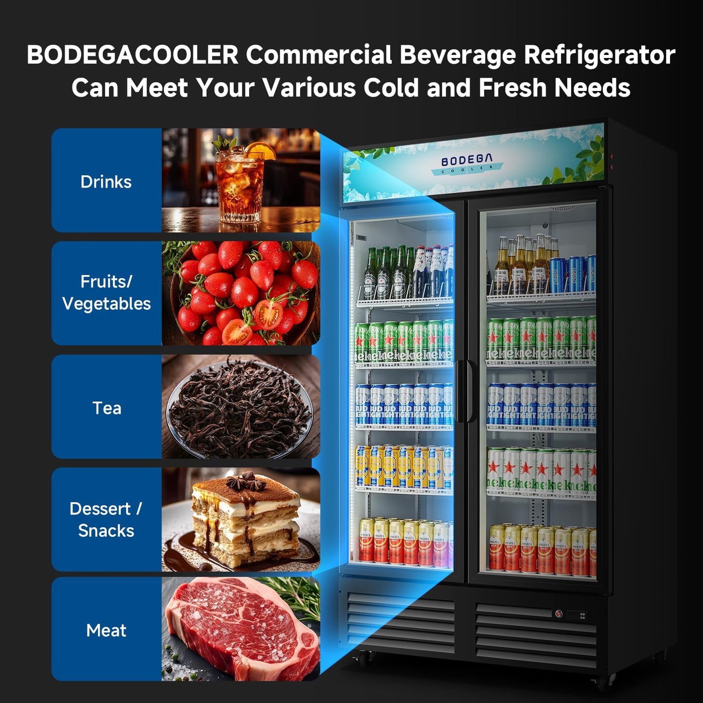 BODEGACOOLER 44.5"W 35.4 Cu. Ft Commercial Beverage Refrigerator, 2 Glass Door Merchandiser Cooler Display Refrigerator with LED Lighting, Adjustable Shelves, Temperature Control and Casters, Black