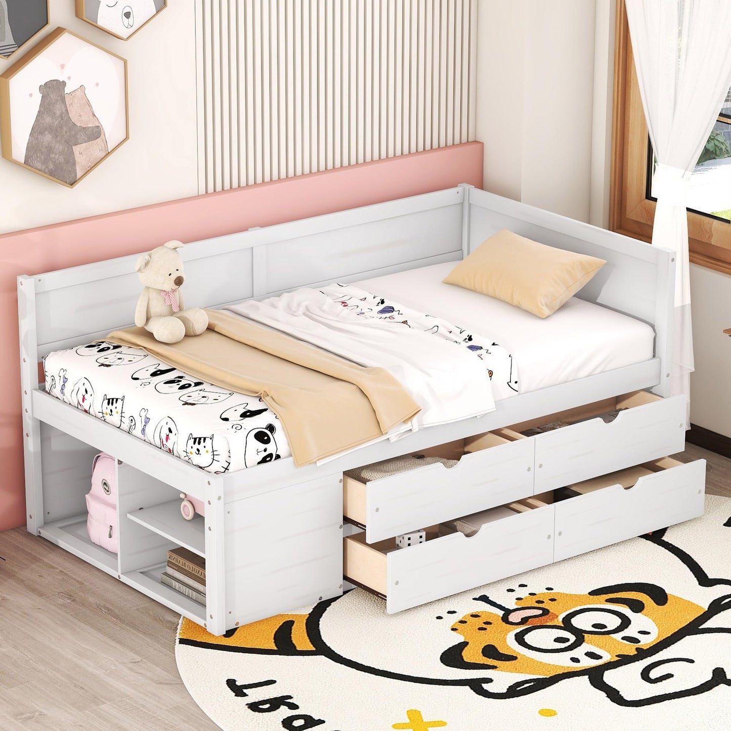 Merax Twin Daybed with Drawers and Shelves, Wooden Storage Daybed Frame with Pull Out Drawers, Twin Size Platform Bed for Guest Room, Small Space, No Box Spring Needed, White