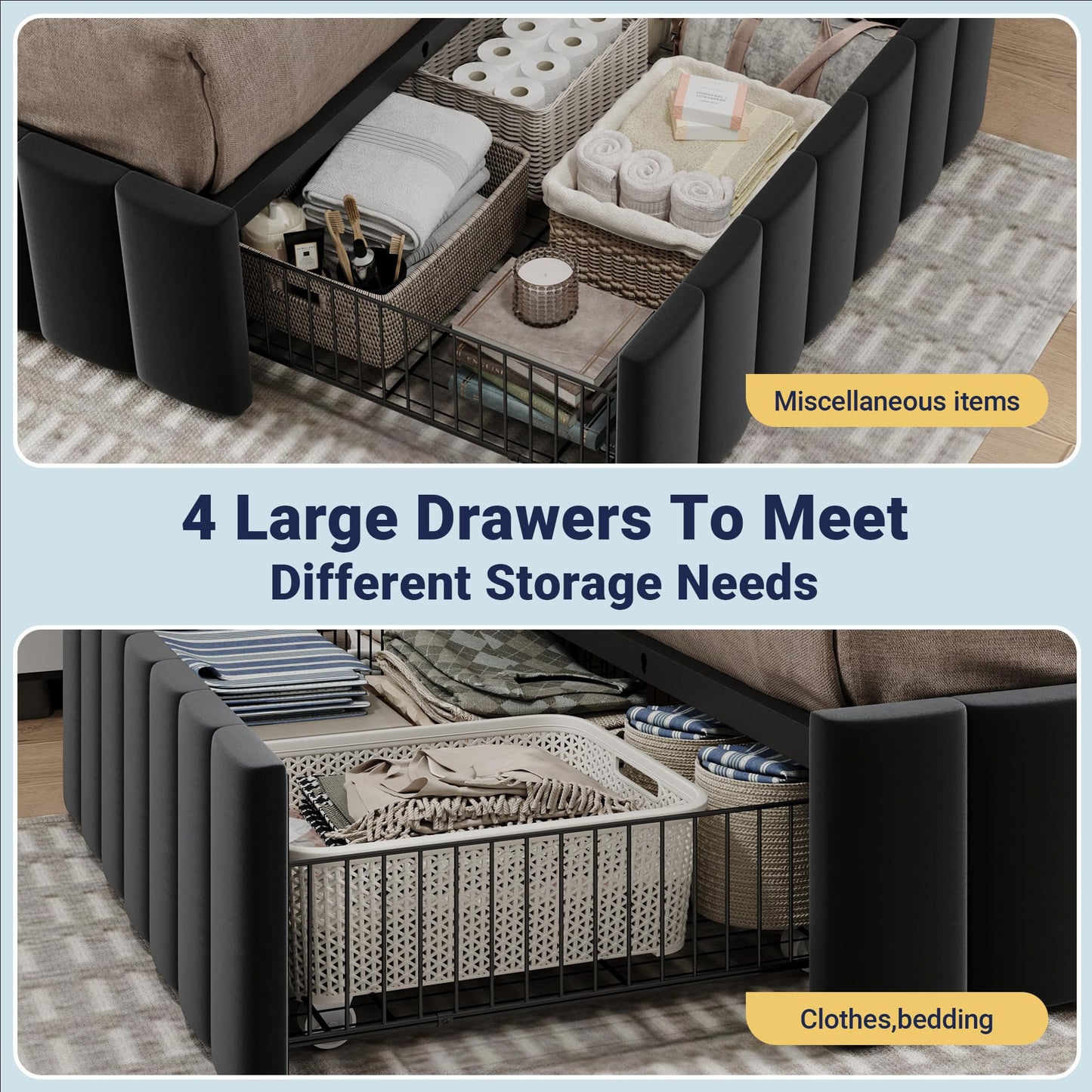 Allewie King Size Platform Bed Frame with 4 Large Storage Drawers, Velvet Vertical Channel Tufted Upholstered Bed Base, Wooden Slats Support, Noise-Free, No Box Spring Needed, Easy Assembly, Black