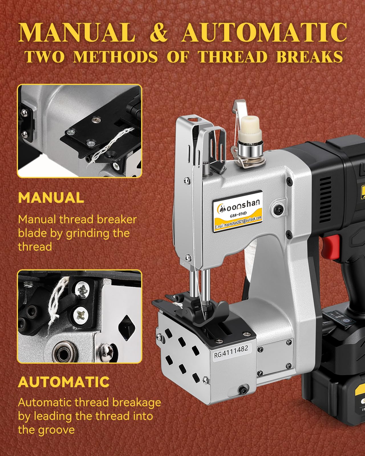 Moonshan Cordless Bag Closer Machine, Adjustable Speed Industrial Bag Closing Machine Bag Sewing Machine Aluminum Alloy for Packing Woven Bags Leather GS8-074D