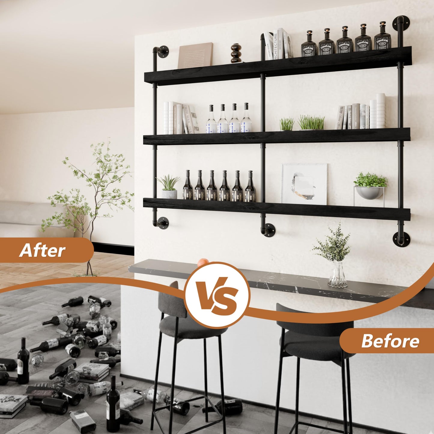 Anynice LED Bar Shelves, Wall Mounted Wine Rack, 3 Tier, 60" Black