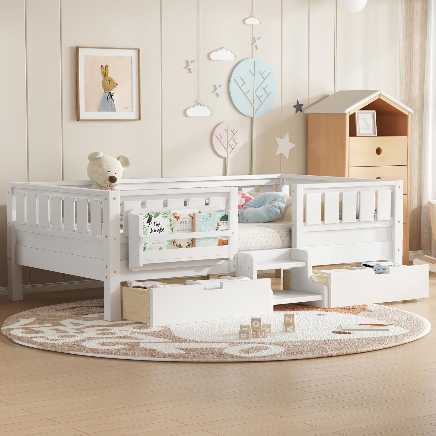 Bellemave Twin Bed with Slats and Stairs, Twin Size Platform Bed Frame with Fence, Bookshelf and Storage Drawers, Easy Assemble Beds for Kids, Girls, Boys, White