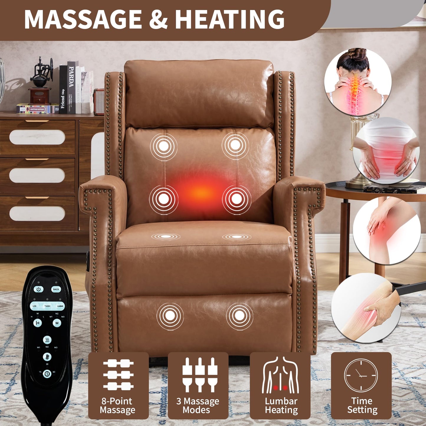 KEIKI Mid Century Modern Oversized Recliner Accent Chair for Adults, Manual Leather Recliner Chair with Back Massager and Heating for Living Room, Home Soft Rocking Lounge Reading Chair, Camel
