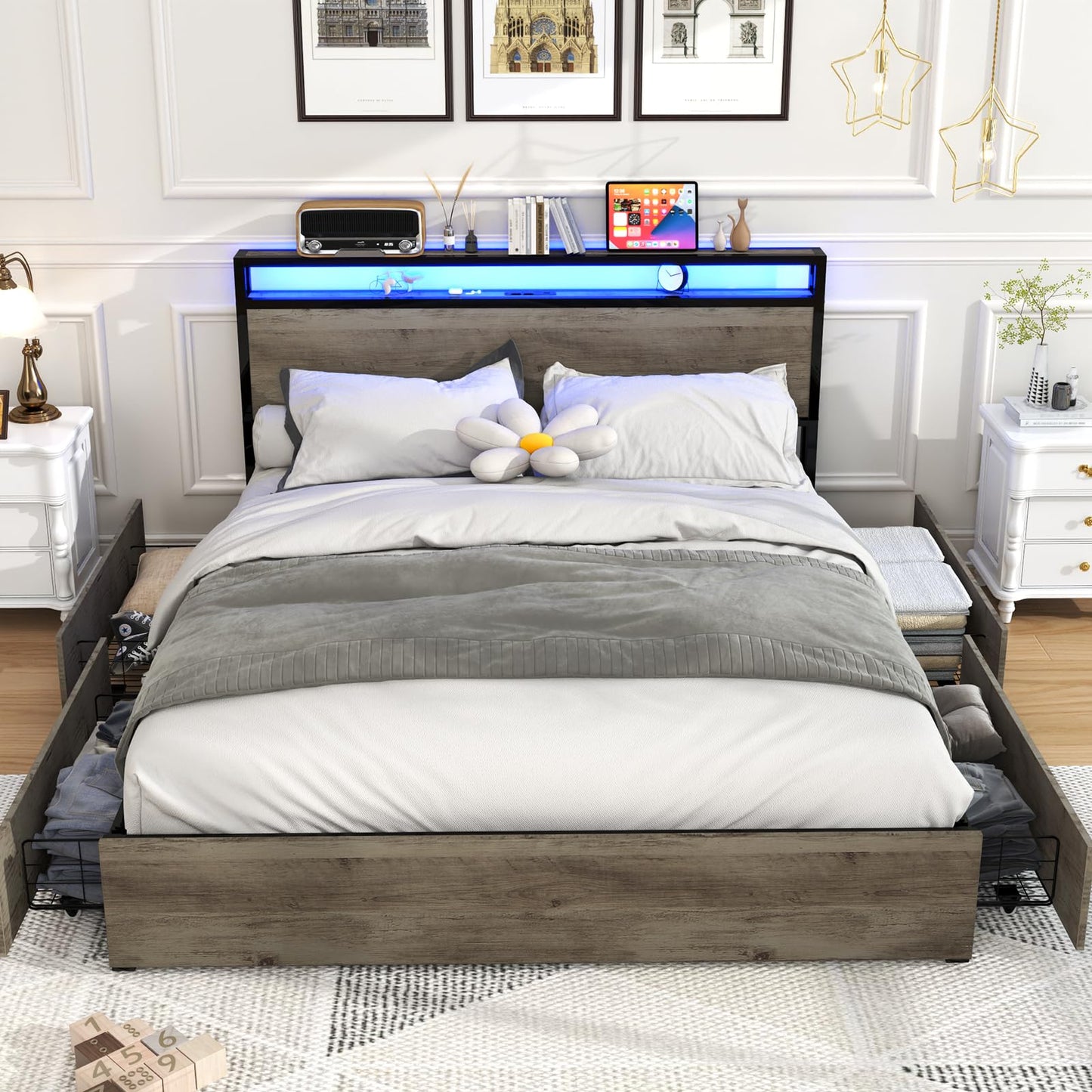 Kiivakii Queen Size Bed Frame with 4 Storage Drawers, LED Platform Bed with Headboard, Built in Charging Station, Noise-Free, Metal Support Base, No Box Spring Needed, Gray