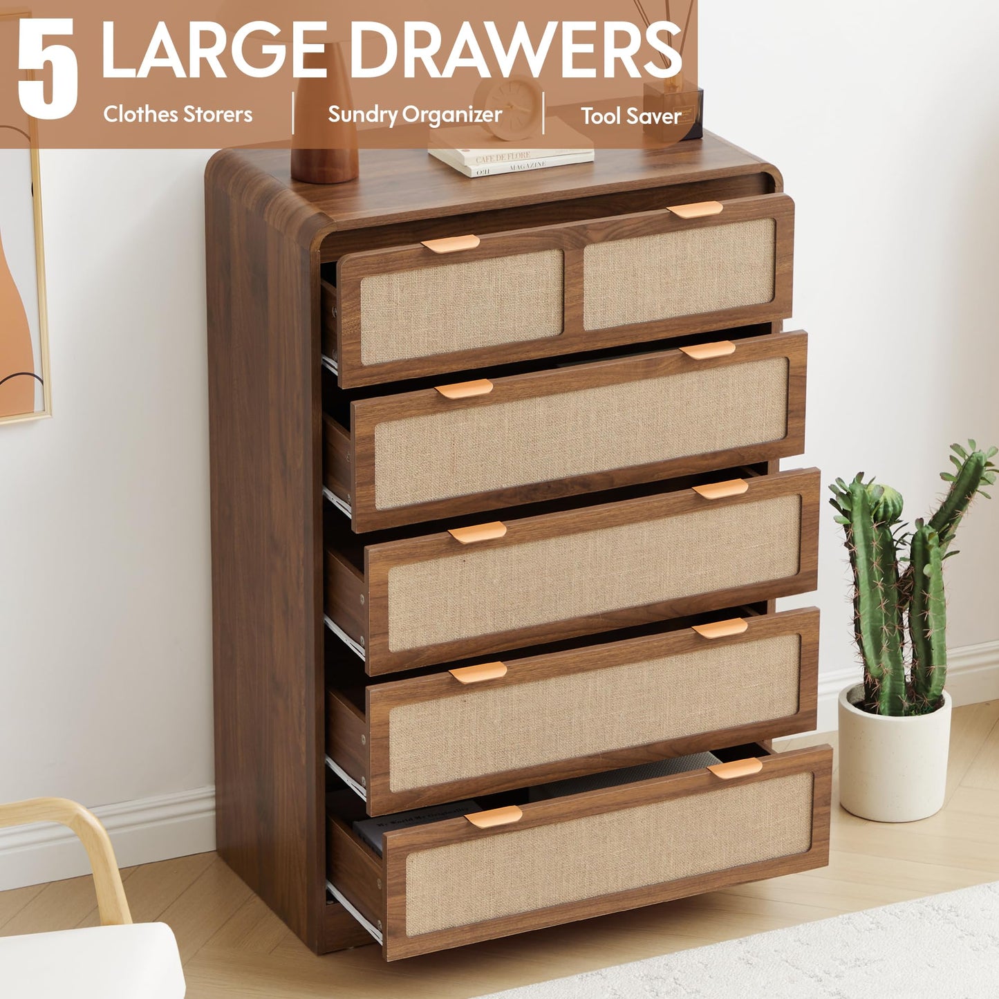 RUSTYER 43" Tall Dresser for Bedroom, 5 Drawer Mid Century Modern Dresser with Natural Linen, Curved Wood Chest of Drawers Closet Clothes Storage Organizer for Living Room, Hallway (Walnut)