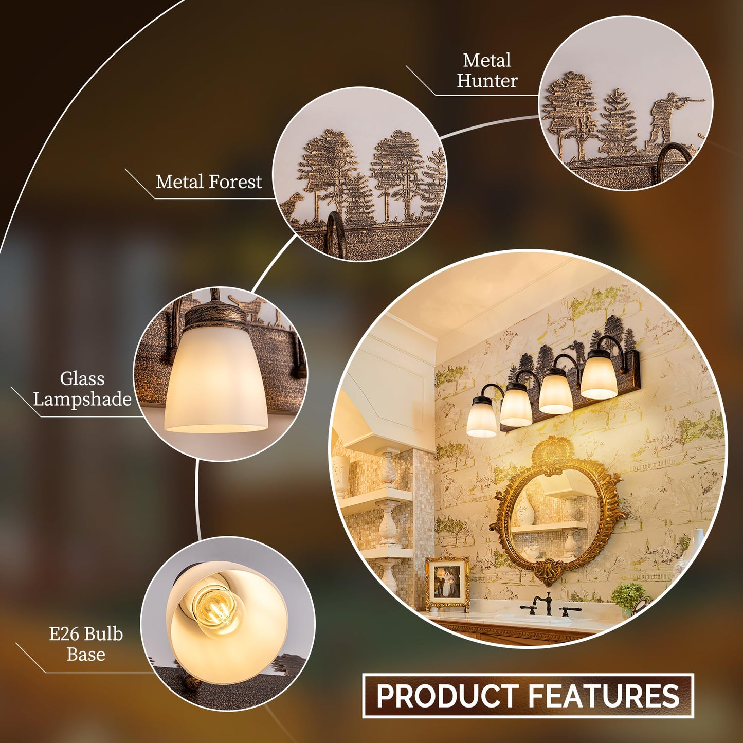 Wellmet Farmhouse Bathroom Vanity Light, 4 Lights Rustic Bathroom Light Fixtures Over Mirror, Bronze Western Sconces Wall Lighting for Mirror Cabinets, Powder Room, Living Room, 27”L