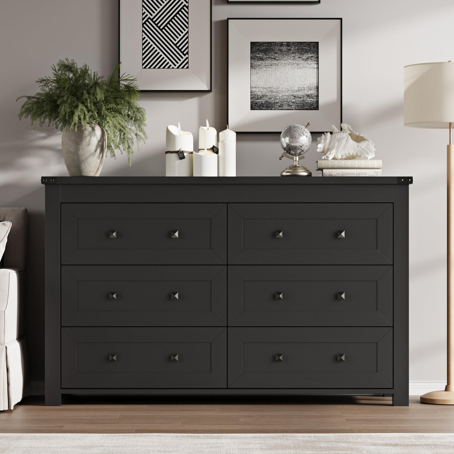 BORNOON 6-Drawer Dresser, Modern Wooden Storage Chest of Drawers, Dresser TV Stand, Wood Drawer Organizer with Metal Handles for Bedroom, Living Room, Hallway