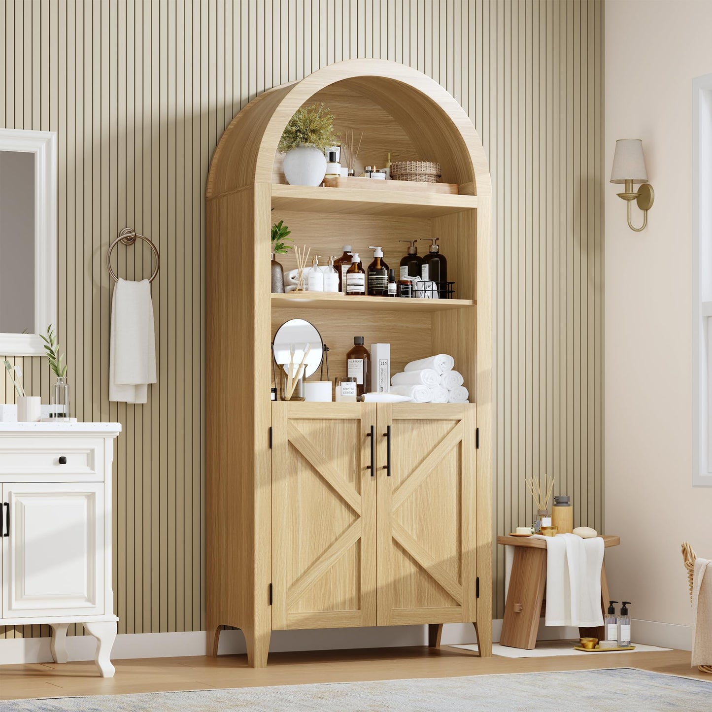 IDEALHOUSE Arched Kitchen Pantry Cabinet with Doors, 5-Tier Wooden Display Cabinet with Adjustable Shelf, Farmhouse Storage Organizer for Kitchen, Dining Room, Living Room, Home Office, Natural