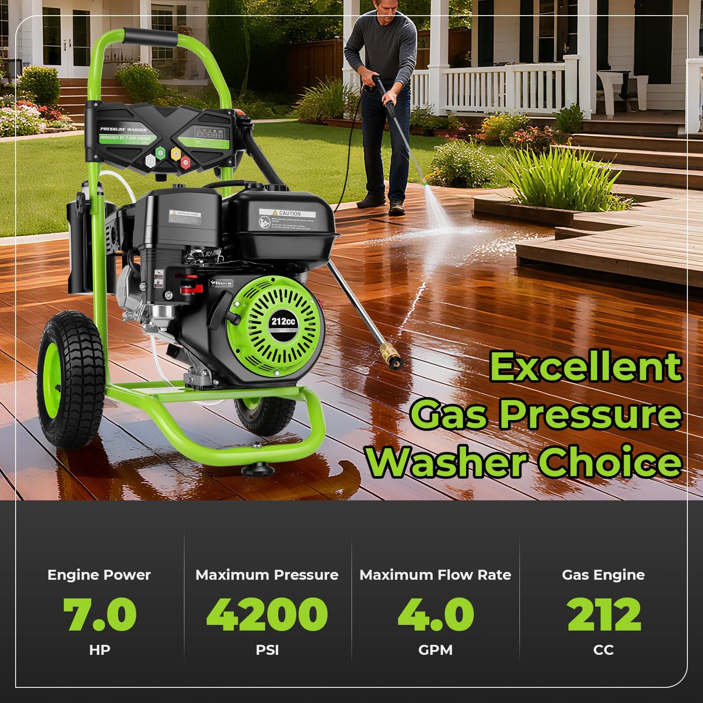 4200PSI Pressure Washer 4.0GPM Gas Power Washer 212CC Gas Powered Washing Machine Commercial High Pressure Washer with 25ft Hose&5 Nozzles for Patio Garden Yard Vehicle,EPA/CARB/ETL (Green)