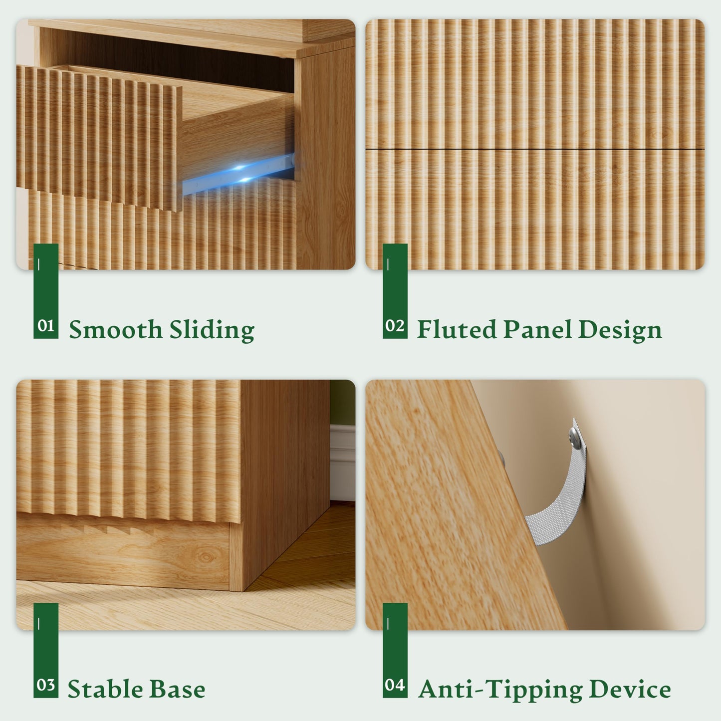 Xixini Fluted Nightstand Set of 2 with Charging Station and LED Lights, Modern Bedside Table with Sliding Top, 3-Drawer Wooden End Table for Bedroom and Living Room, Oak