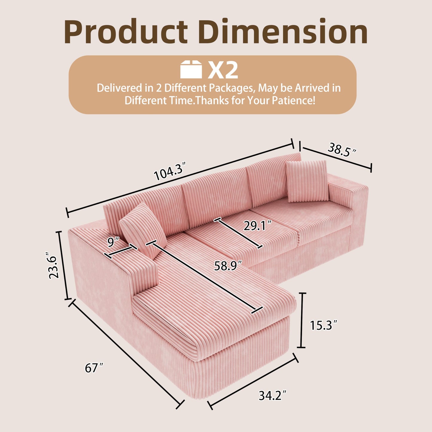 Shintenchi Boneless Couches for Living Room,Modular Sectional Sofa with Deep Seat,Memory Foam Cloud Couch with L Shaped Oversized Chaise,No Assembly Needed Plush Corduroy Sofa,Pink