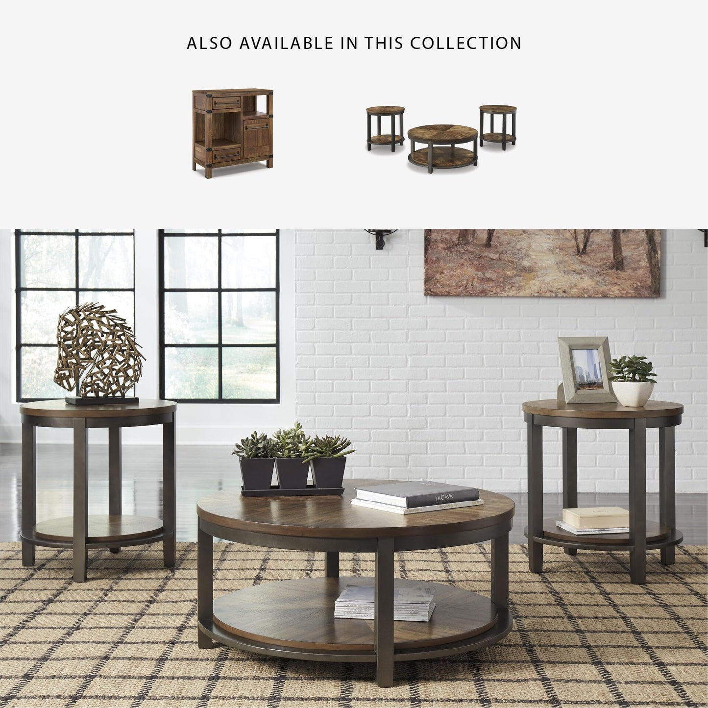 Signature Design by Ashley Roybeck Industrial Accent Cabinet with 2 Shelves, 1 Adjustable Shelf and 2 Drawers, Light Brown