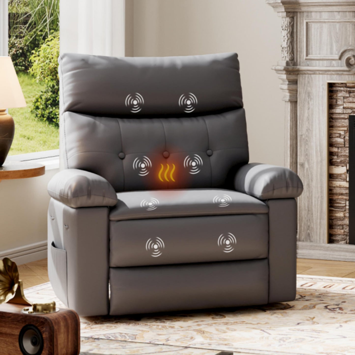 GarveeHome Oversized Leather Recliner Chair - Heat and Massage, Swivel Rocker Manual Recliner for Adults, Lazy Rocking Chair with Comfort Arms and Back Single Sofa for Living Room