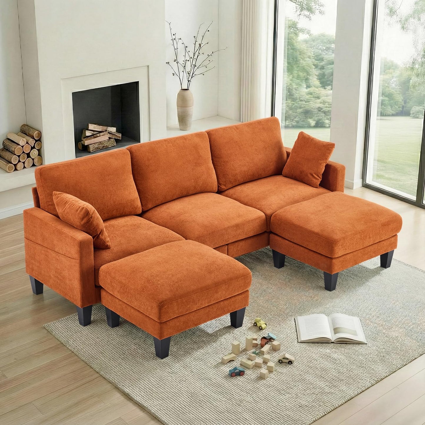 VINGLI 100" W U Shaped Couch with Ottoman, 22" Deep Seat Comfortable Sectional Couches for Living Room, 3 Seater Chenille Fabric Cloud Sofa for Apartment, Small Spaces, Bedroom, Orange