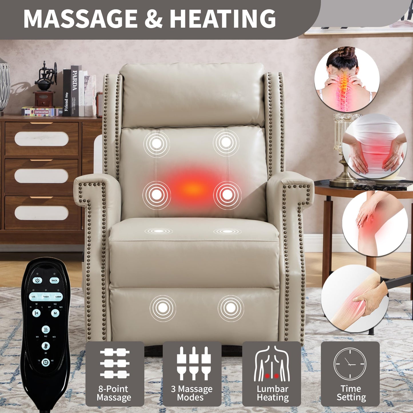 KEIKI Mid Century Modern Oversized Recliner Accent Chair for Adults, Manual Leather Recliner Chair with Back Massager and Heating for Living Room, Rocking Chair for Old Money Living Room Decor, Beige