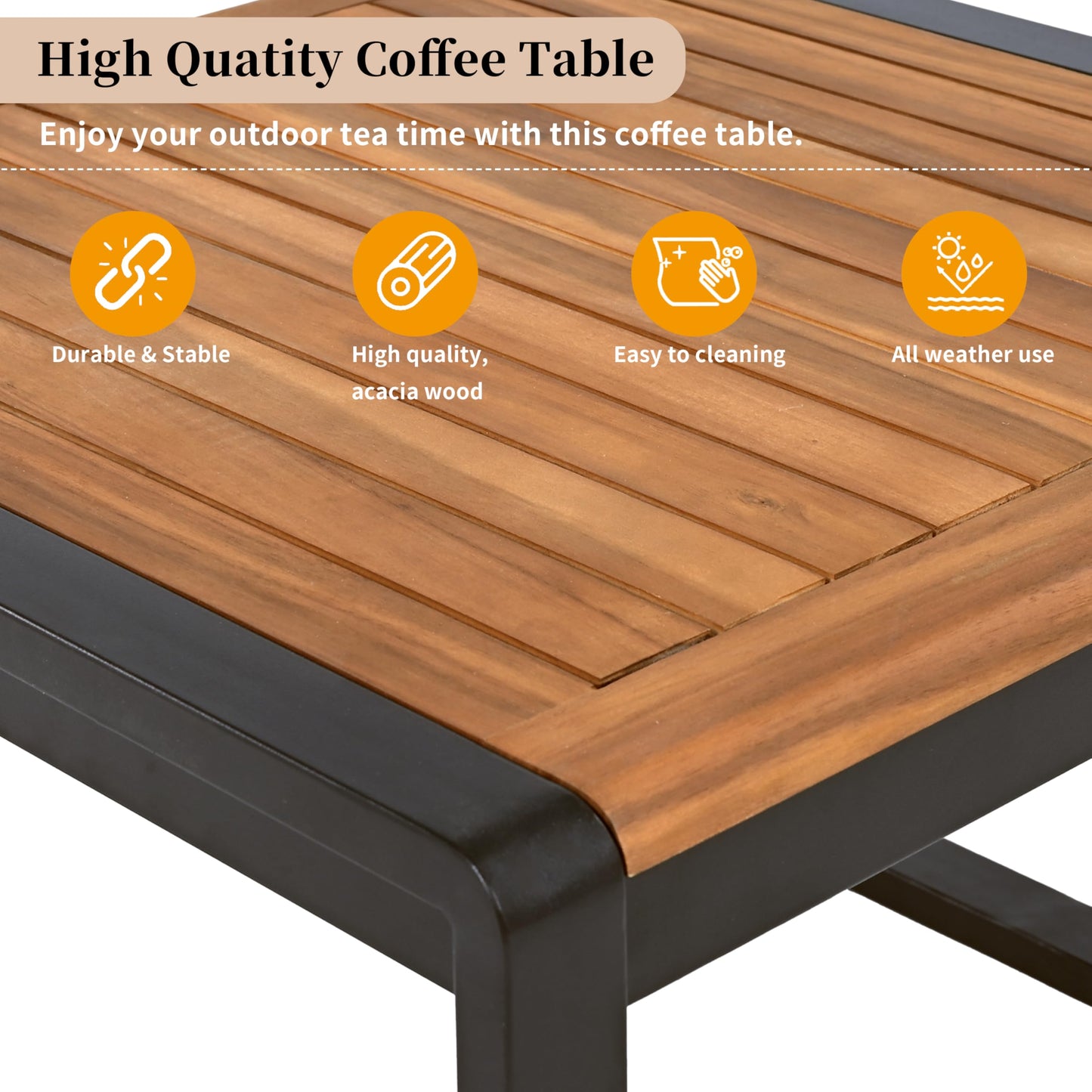 4 Pieces Outdoor Patio Conservation Set, Metal and Wood Frame Sectional L-Shaped Sofa with Soft Cushion and a Coffee Tables for Garden, Backyard, Porch and Deck, Beige