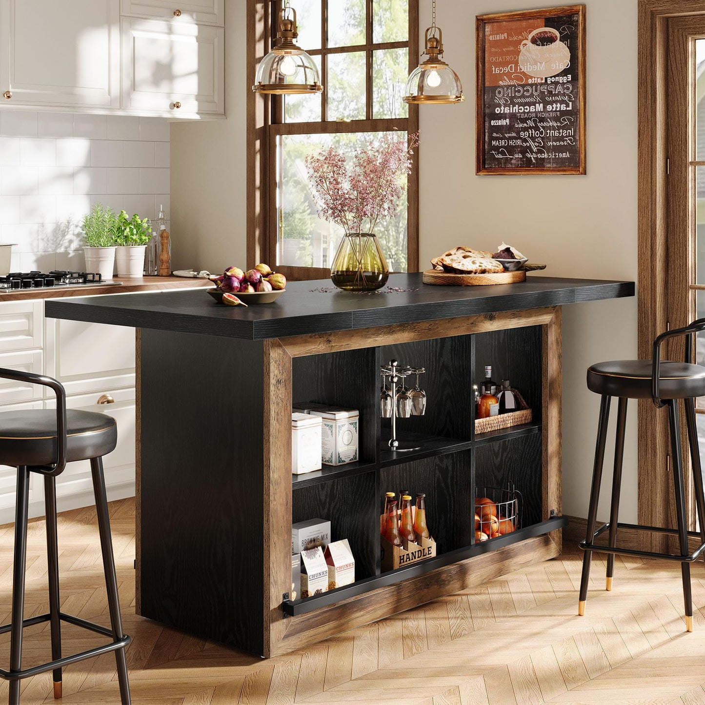 Tribesigns Kitchen Island with Storage, Farmhouse Island Bar, Black&Brown
