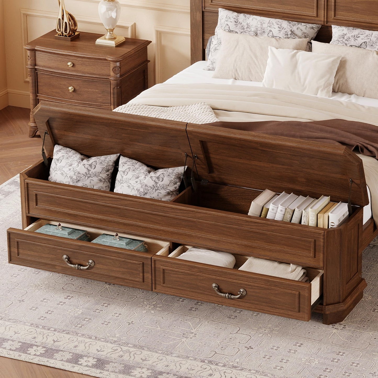 KEIKI Queen Size Farmhouse Style Bed Frame with Storage Bench, 2 Drawers & Lift-Top Compartments, Solid Wood Platform Bed with High Panel Headboard, Under-Bed Storage, No Box Spring Needed, Walnut