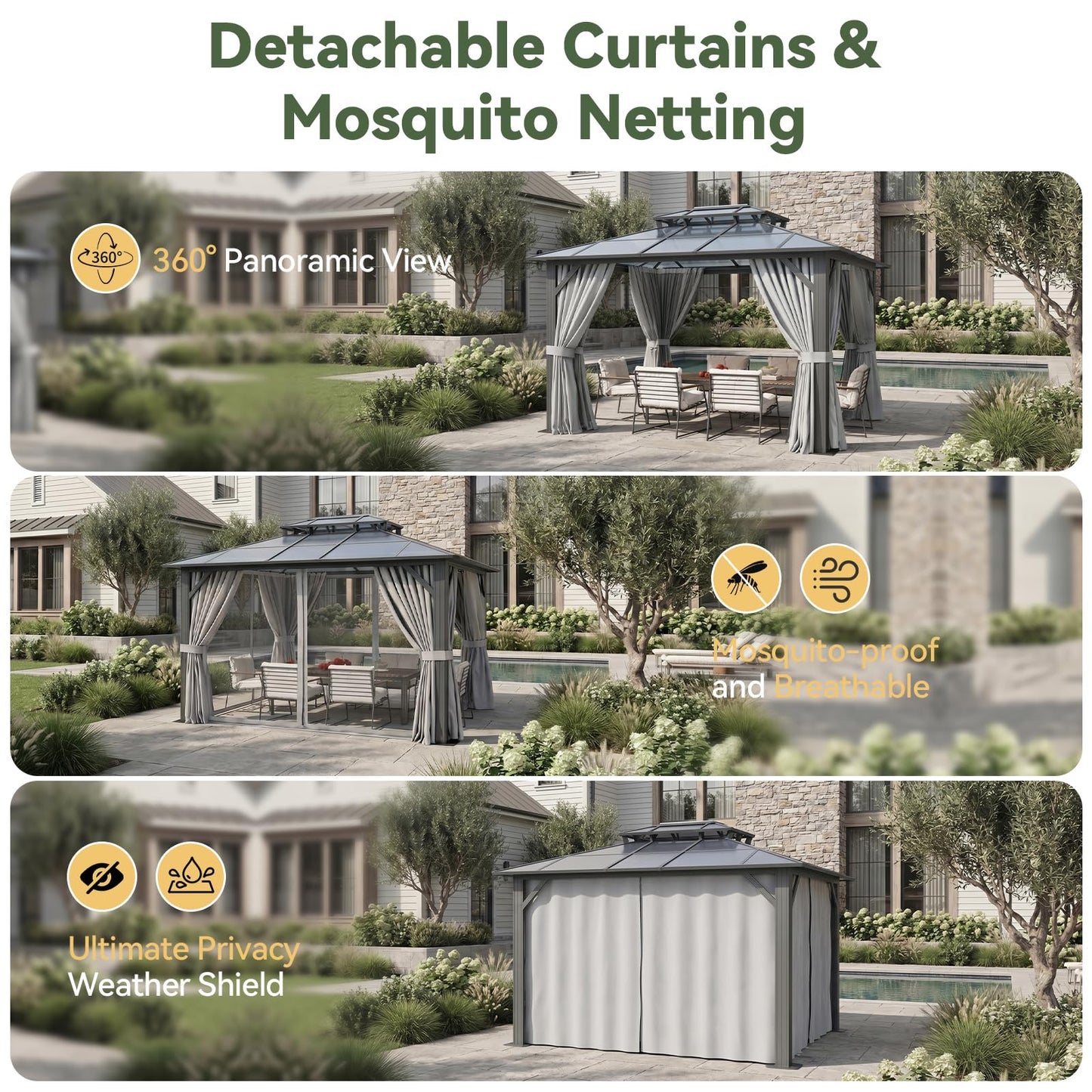 Breezestival 10'x12' Hardtop Gazebo Outdoor Permanent Gazebo with Double Polycarbonate Roof Canopy, Aluminum Frame Permanent Pavilion with Curtains and Netting for Patio,Garden,Lawns