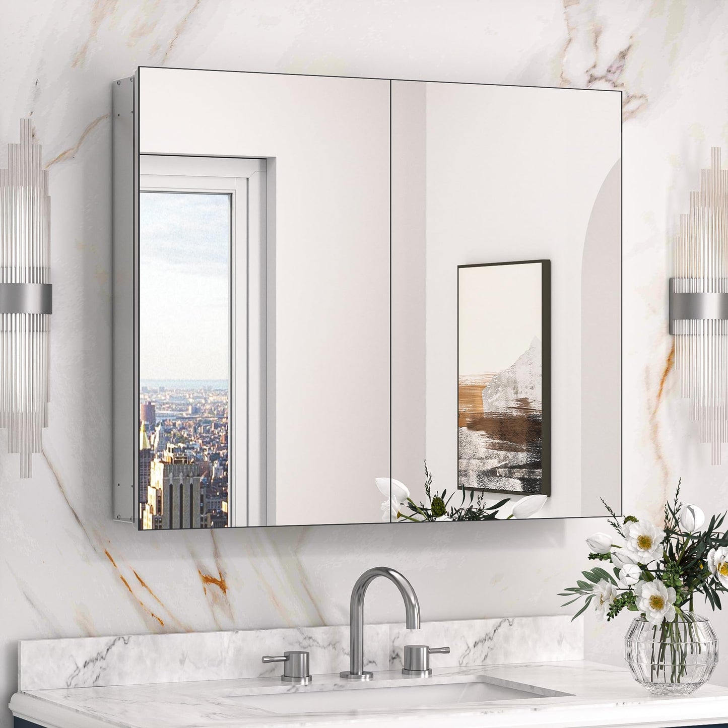 Keonjinn 30 x 26 Inch Bathroom Medicine Cabinet with Mirror, Assembly Required, Combined Double Doors Wall Cabinets, Flexiable Ample Storage, Recessed or Surface Mount, Soft Closing