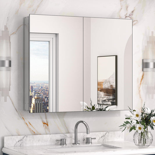 Keonjinn 30 x 26 Inch Bathroom Medicine Cabinet with Mirror, Assembly Required, Combined Double Doors Wall Cabinets, Flexiable Ample Storage, Recessed or Surface Mount, Soft Closing