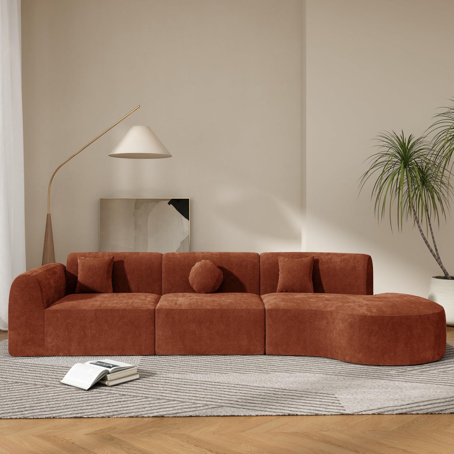 Merax 140" Curved Polyester Sectional Sofa Set, 7 Seat Modern Cloud Couch with Chaise Lounge,3 Pillows, Fully Assembled for Living Room, Orange