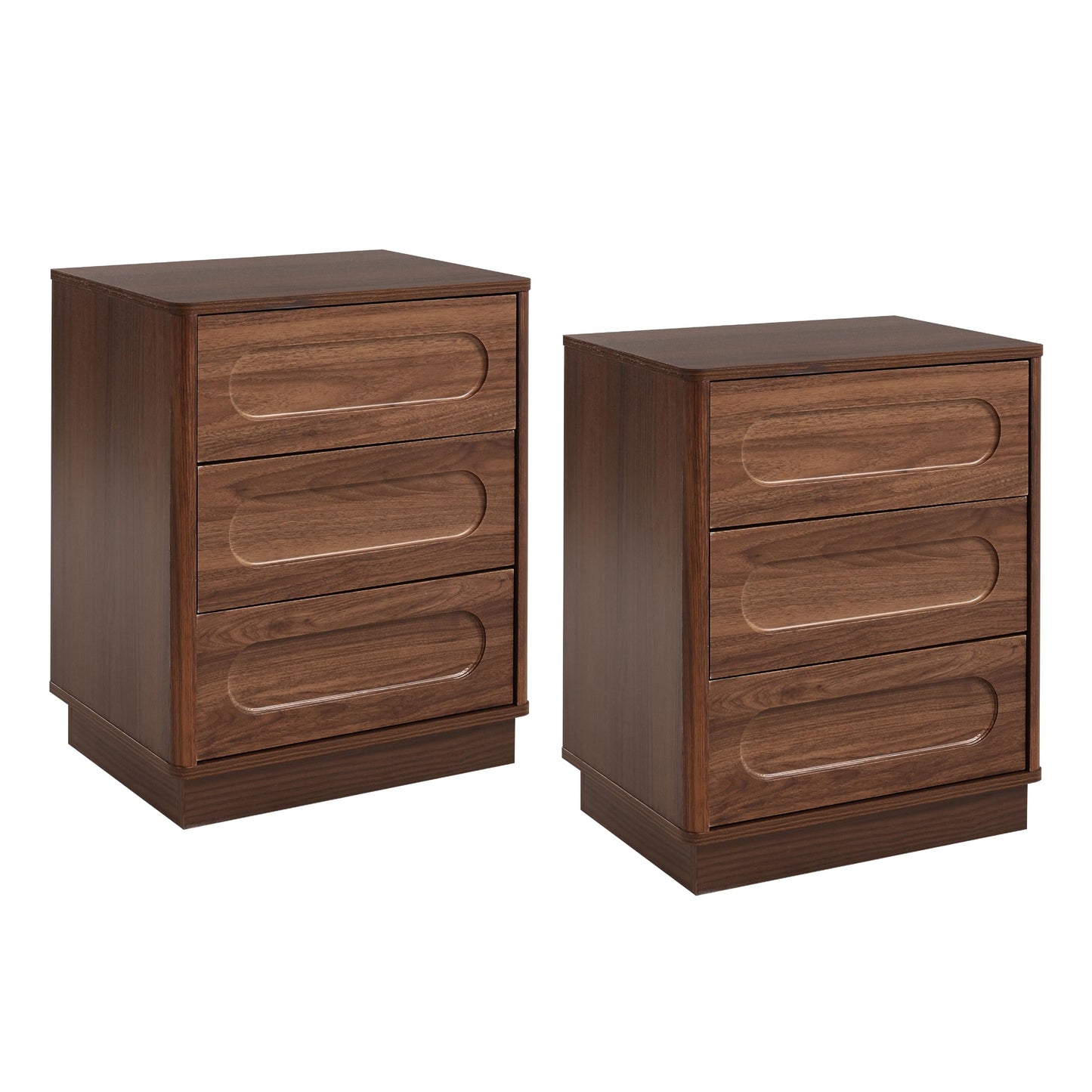 Aoikax Modern 3 Drawer Nightstand X 2P with Push-to-Open Drawers, Mid-Century Bedside Table with Raised Base for Bedroom, Oval Groove Panel Front, Dark Walnut Color