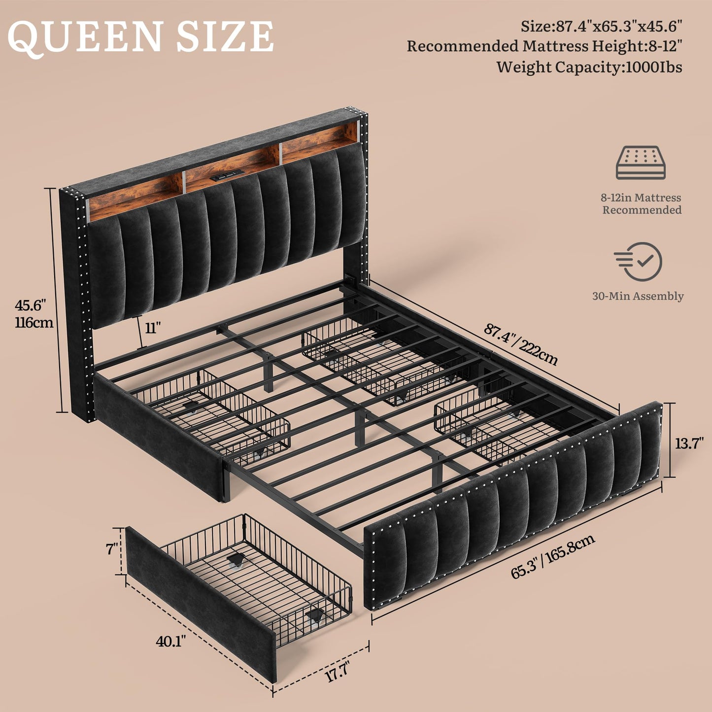 DWVO Queen Size Bed Frame with 4 Storage Drawers and RGB LED Lights, Velvet Upholstered Platform Bed with Charging Station and Bookcase Storage Headboard, No Box Spring Needed, Easy Assembly, Black