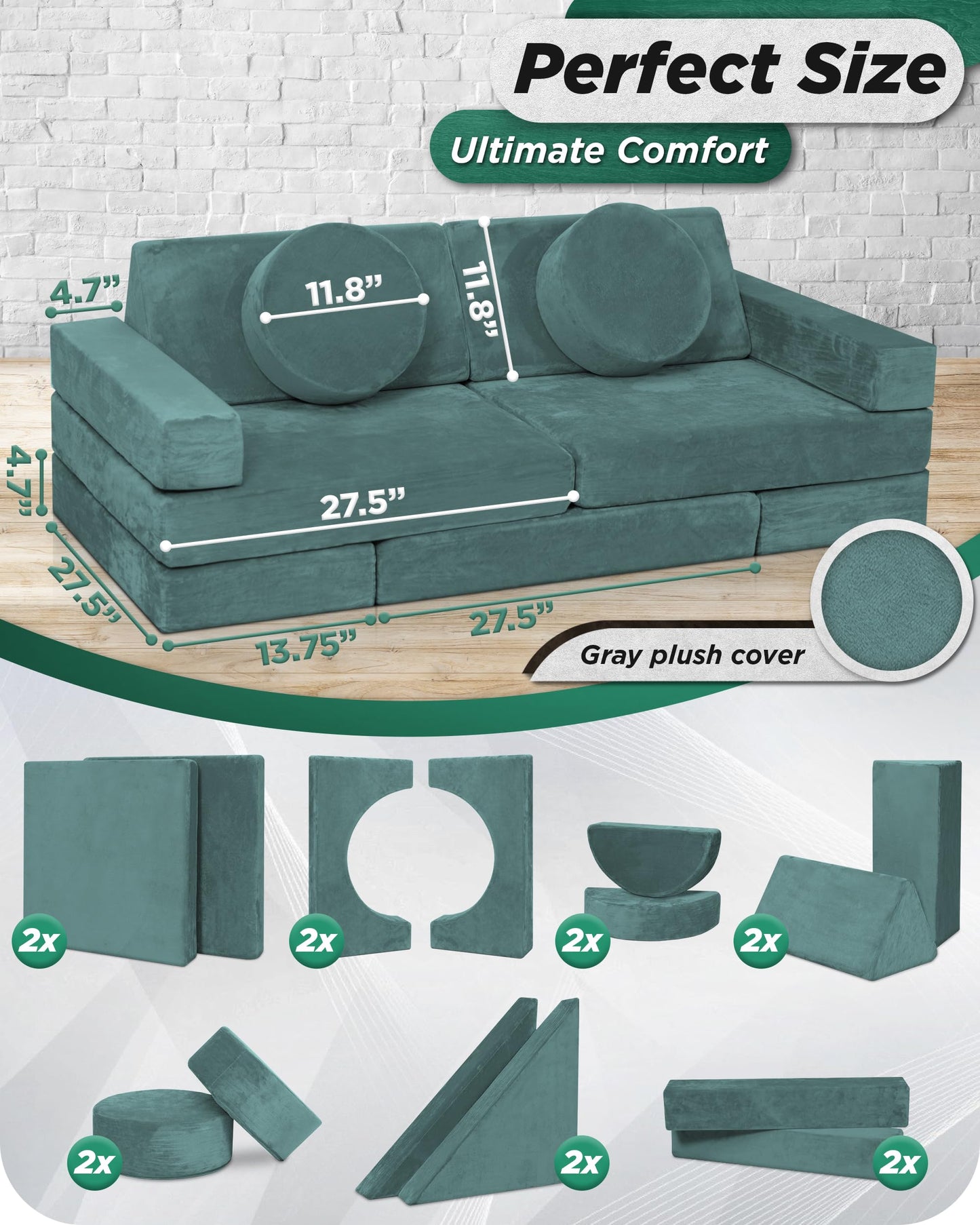 Lunix LX15 14pcs Modular Kids Play Couch, Design-Patent Child Sectional Sofa, Fort-Play Bedroom Playroom Furniture for Toddlers, Convertible Foam, Washable Covers, Oeko-TEX & CertiPUR-US, Sage Teal