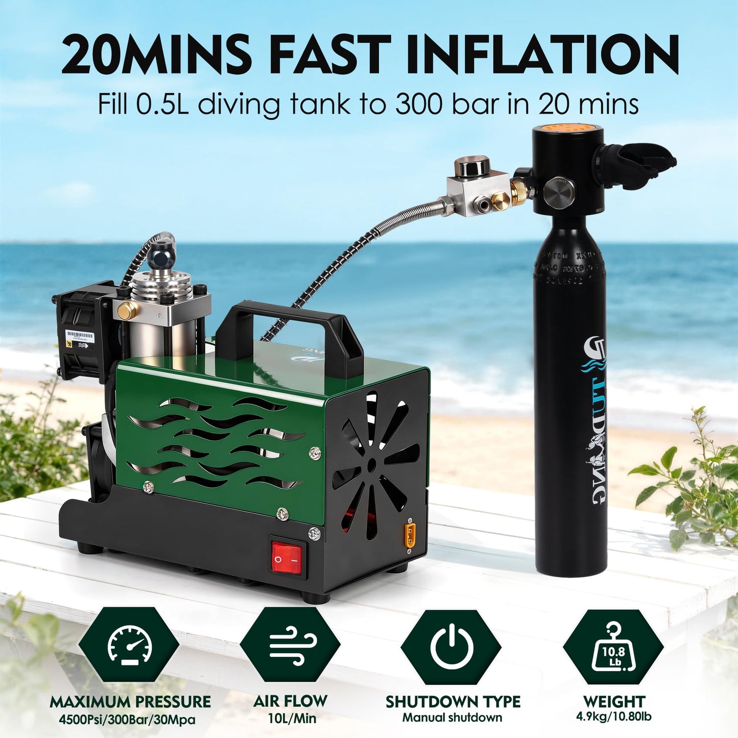 TUDIVING-Portable PCP Air Compressor | 12V DC/110V AC | Scuba Compressor