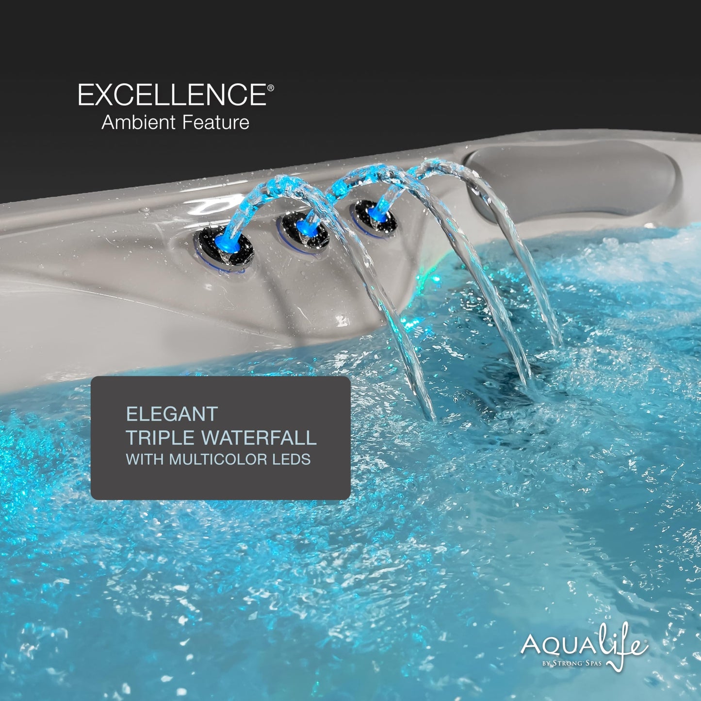 Excellence Outdoor Hot Tub, FIts 4 Adults, Indoor Outdoor Hot Tub, 41 Jets, Cover Included, Lounger Spa, Bluetooth Stereo, LED Water Fall, Wellness Tool, Aqualife by Strong Spas