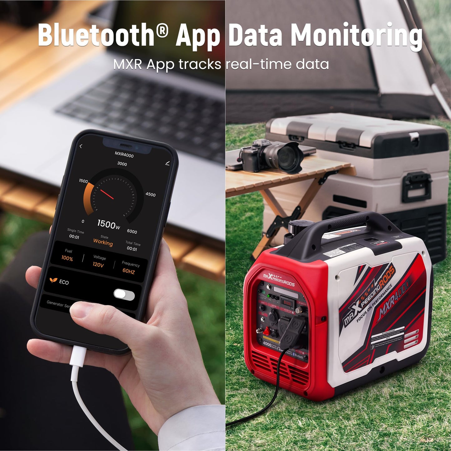 maXpeedingrods 4000 Watt Inverter Generator Portable, Bluetooth® App Remote Data Monitor, RV Ready, Gas Powered Generator with CO Alarm for Outdoor Camping, Home Backup